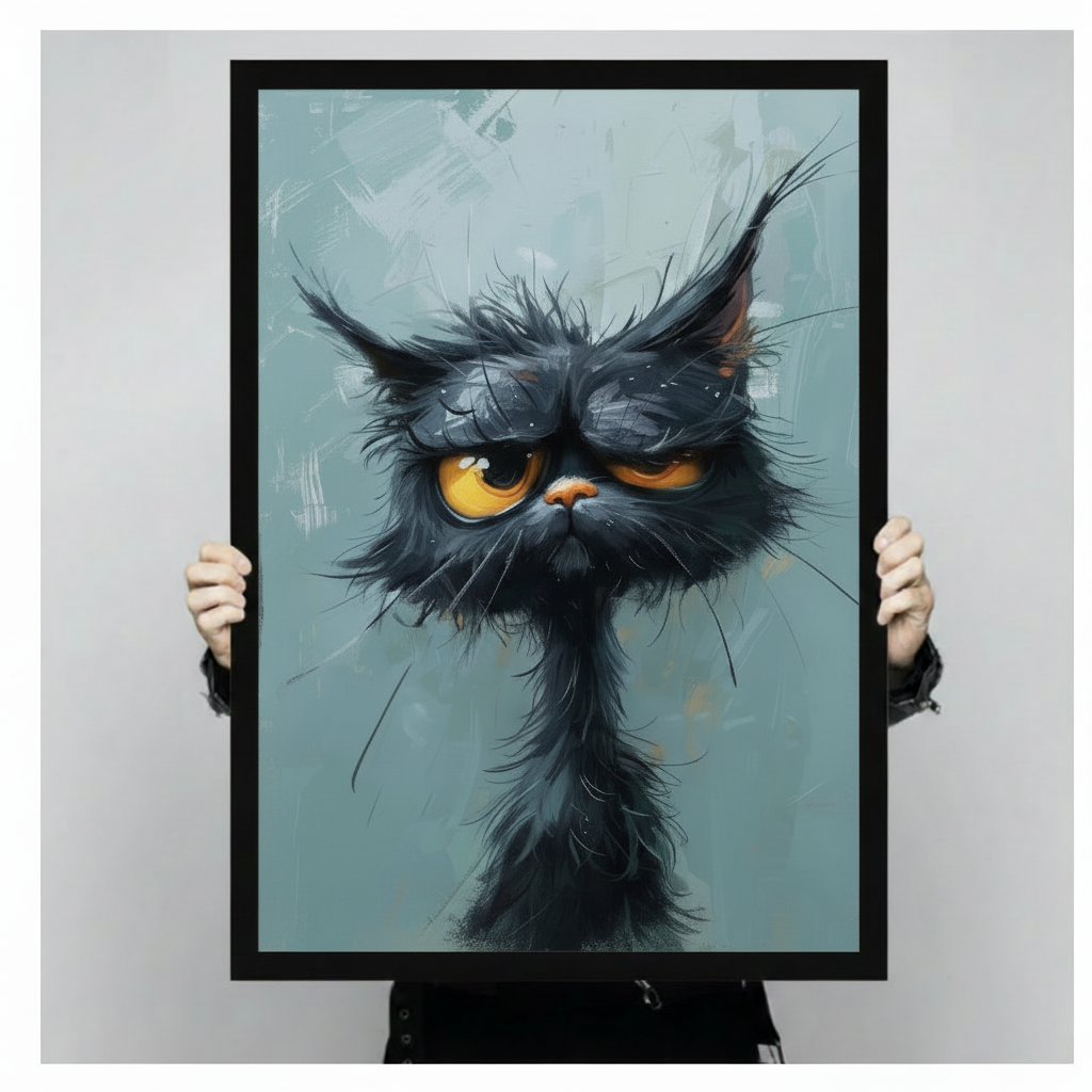 Grumpy Black Cat Portrait Canvas Wall Art