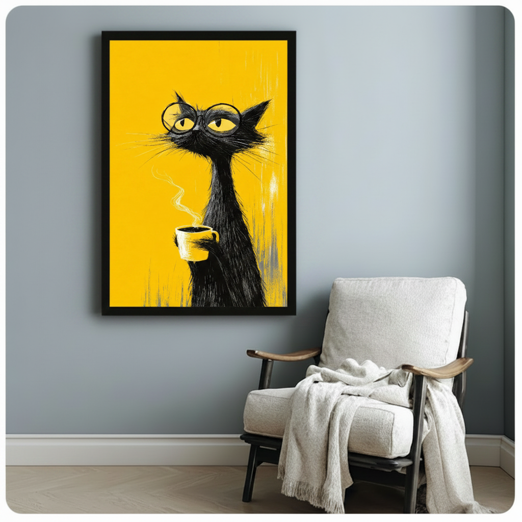 Intellectual Black Cat Coffee Canvas Wall Art