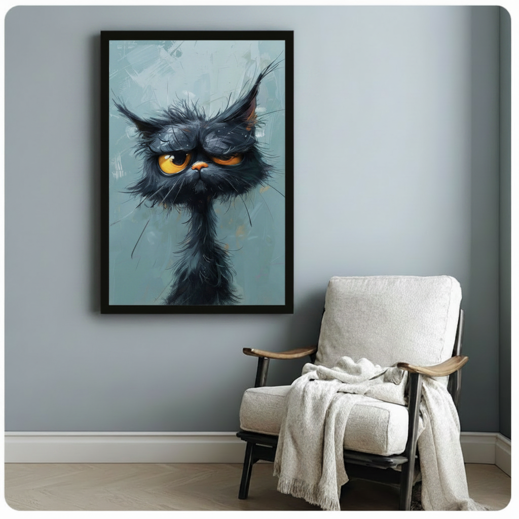 Grumpy Black Cat Portrait Canvas Wall Art