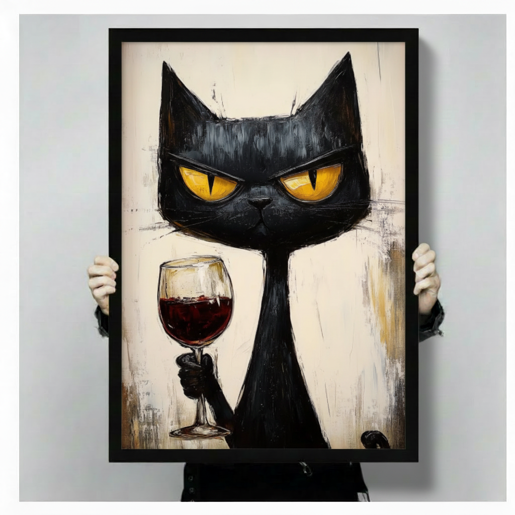 Black Cat Red Wine Expressionist Bold Canvas Print