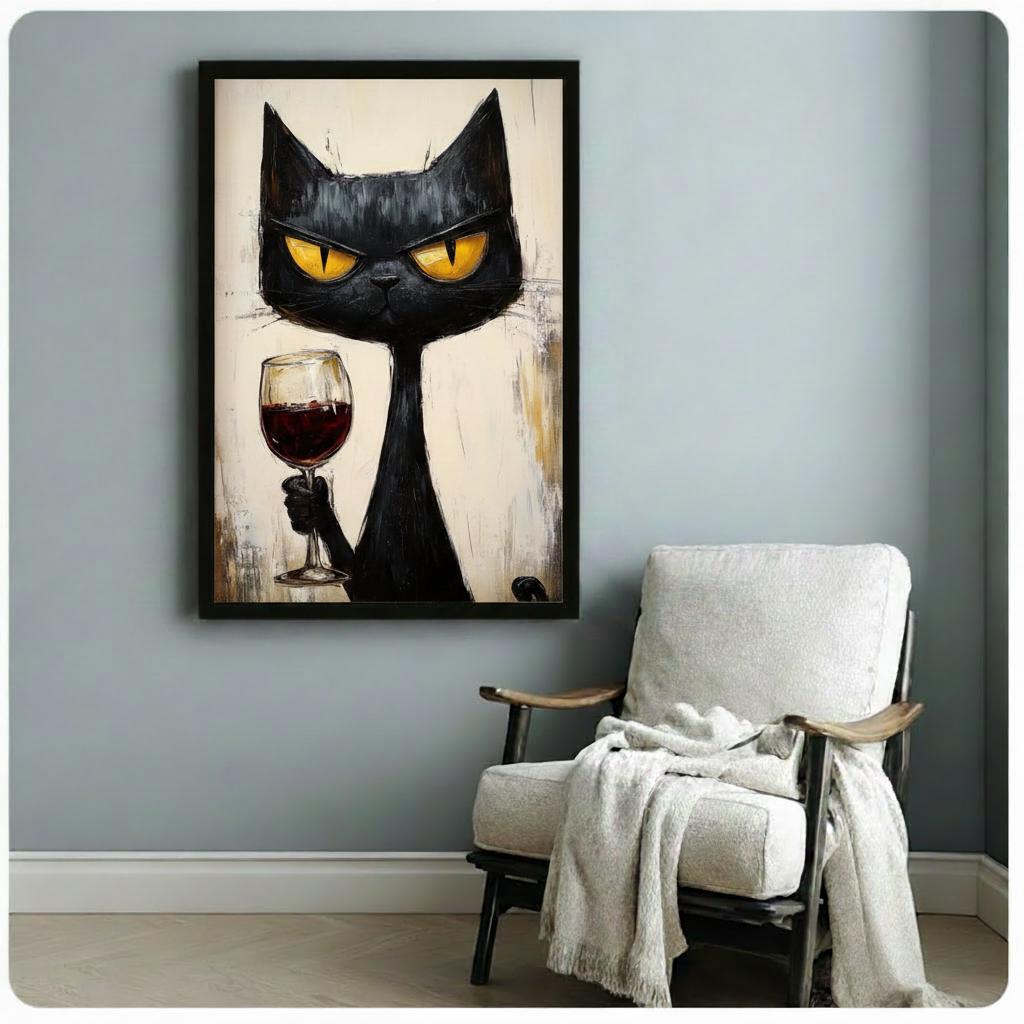 Black Cat Red Wine Expressionist Bold Canvas Print