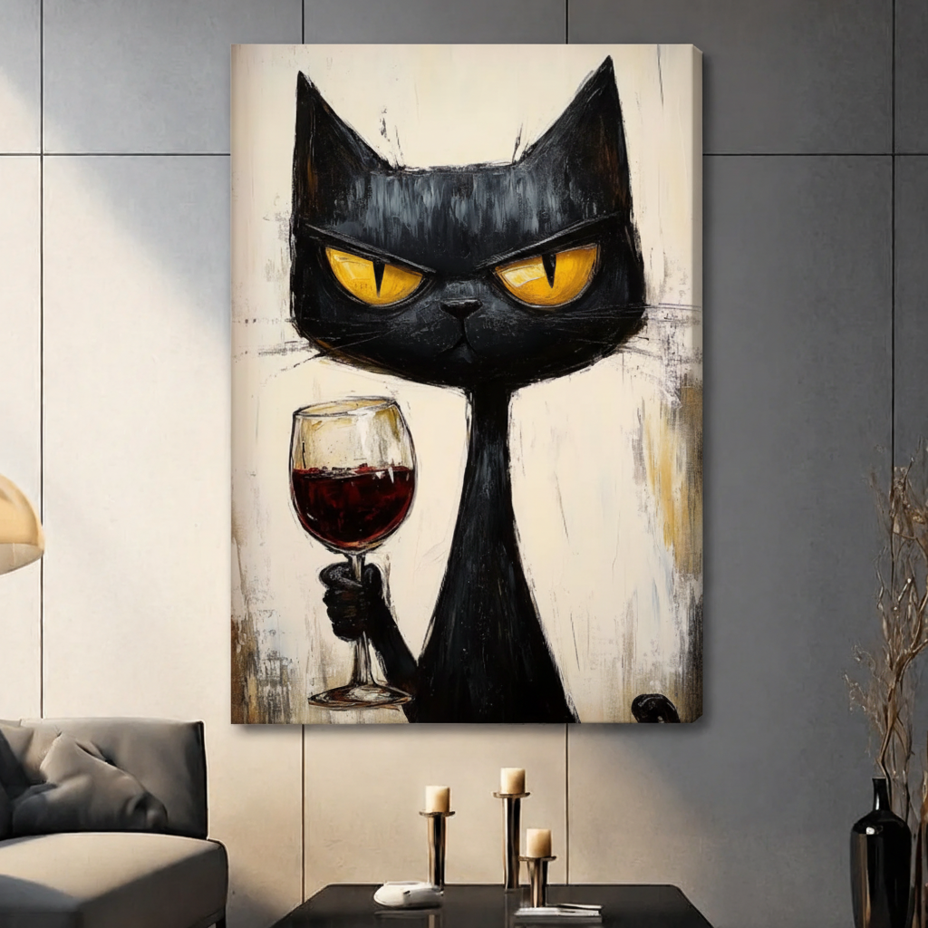 Black Cat Red Wine Expressionist Bold Canvas Print