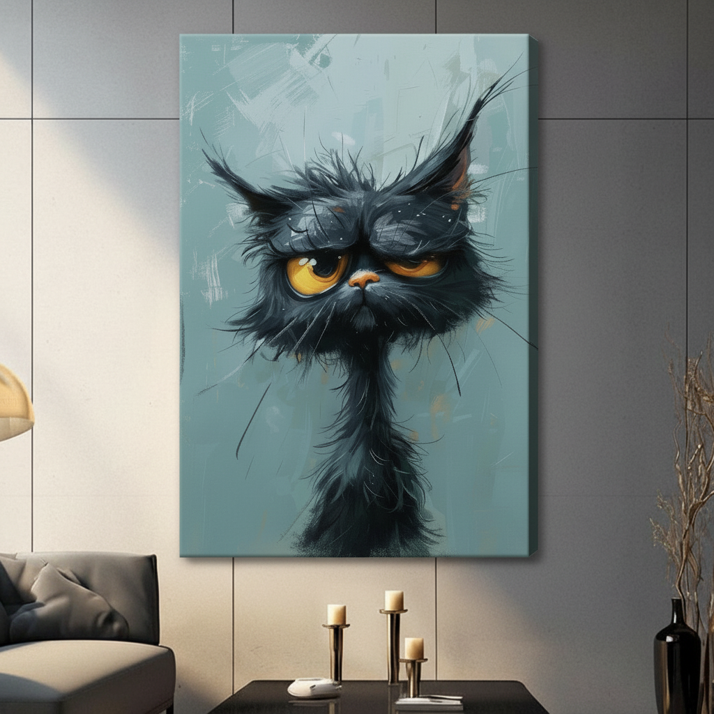 Grumpy Black Cat Portrait Canvas Wall Art