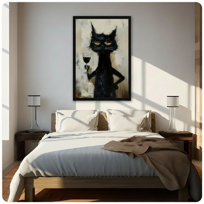 Grumpy Black Cat Wine Canvas Wall Art