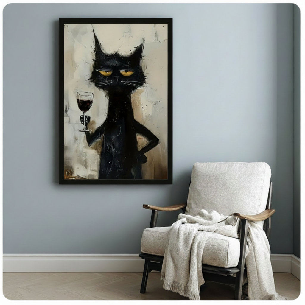 Grumpy Black Cat Wine Canvas Wall Art
