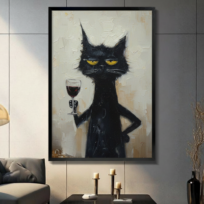 Grumpy Black Cat Wine Canvas Wall Art