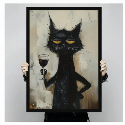 Grumpy Black Cat Wine Canvas Wall Art