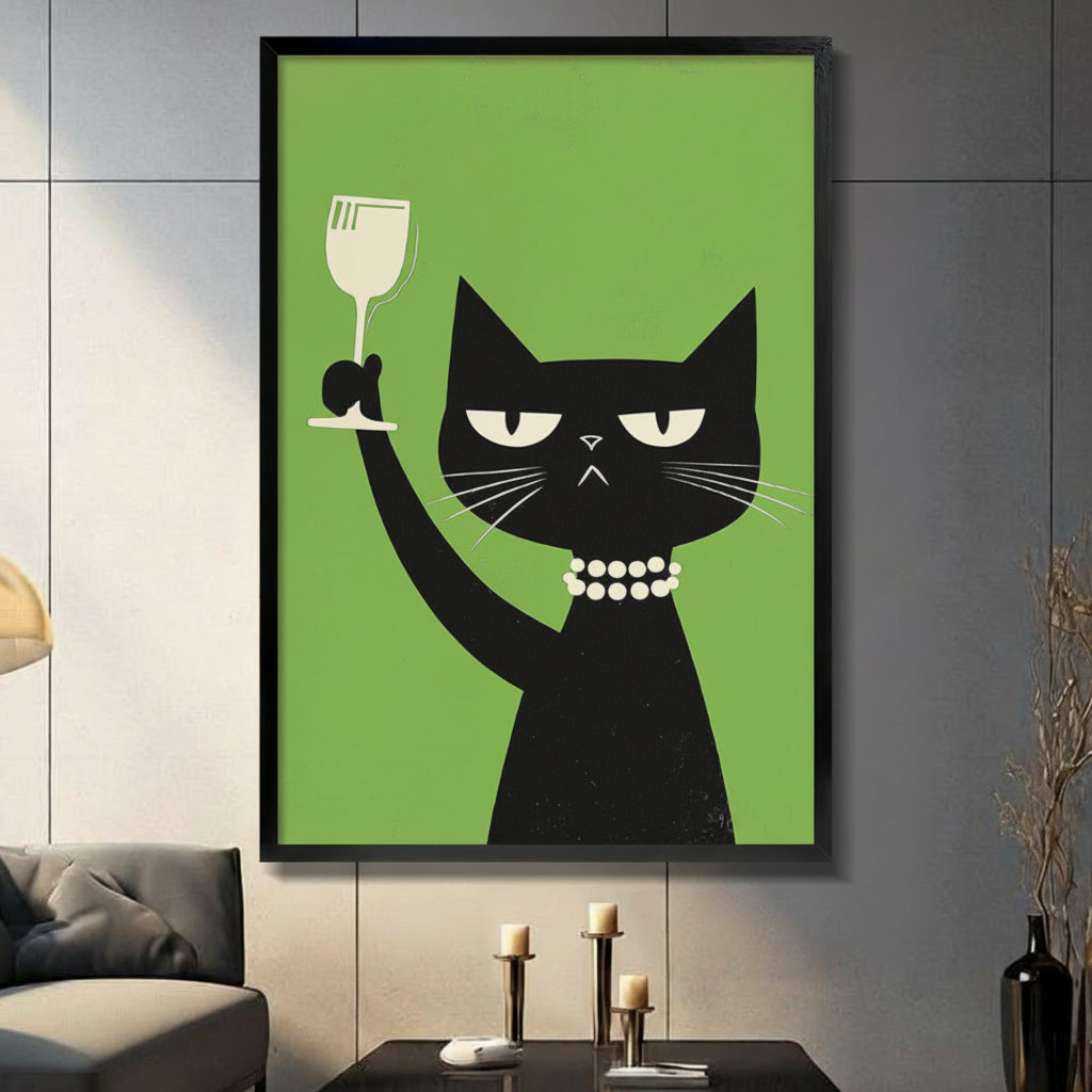 Black Cat Wine Toast Retro Canvas Art Wall Art