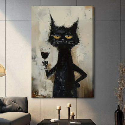 Grumpy Black Cat Wine Canvas Wall Art