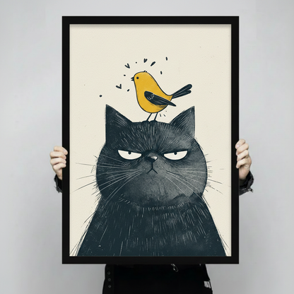 Grumpy Black Cat Yellow Bird Canvas Art Wall Art