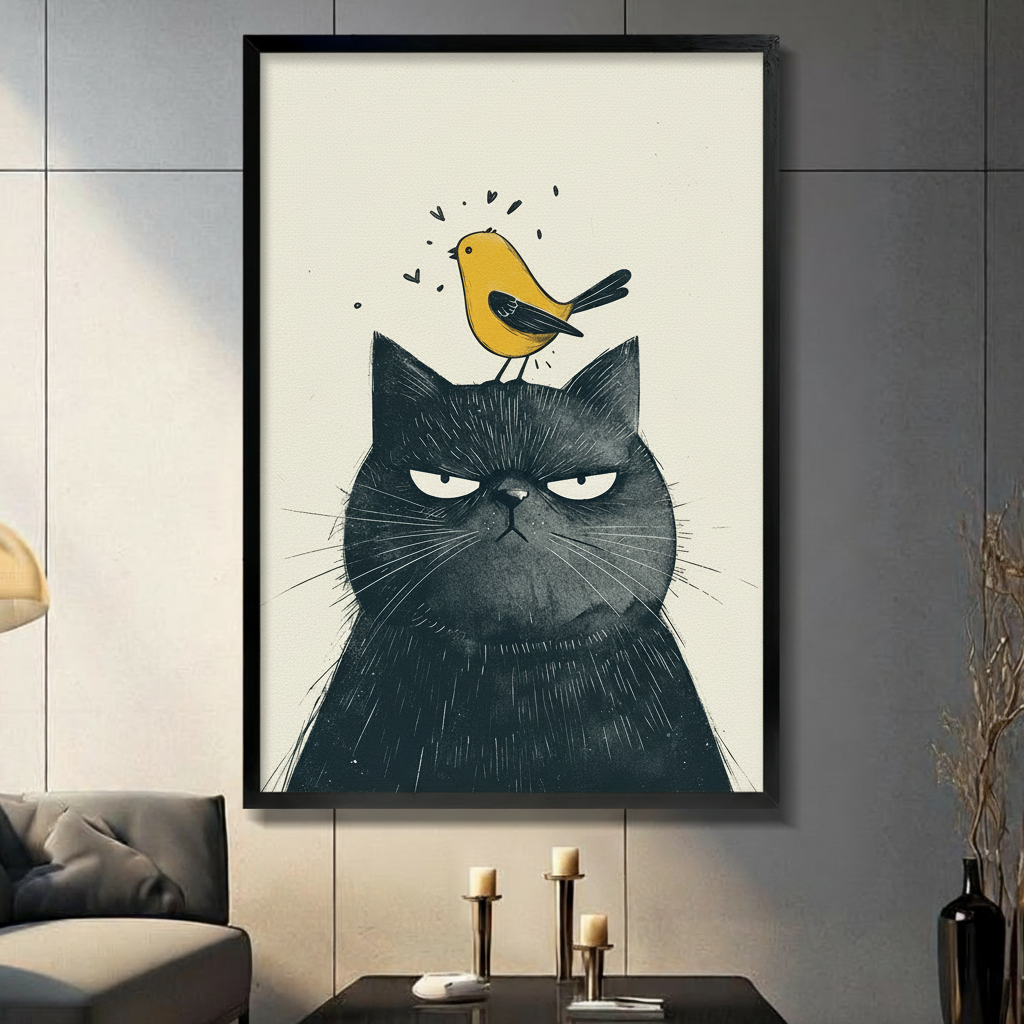 Grumpy Black Cat Yellow Bird Canvas Art Wall Art