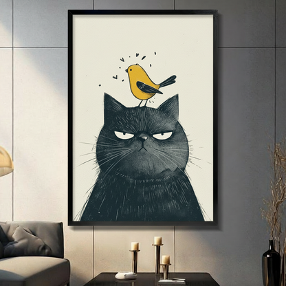 Grumpy Black Cat Yellow Bird Canvas Art Wall Art