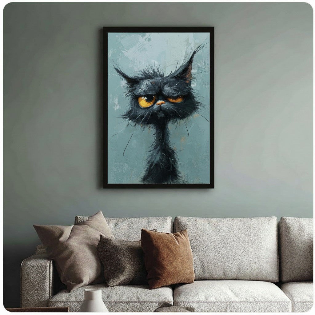 Grumpy Black Cat Portrait Canvas Wall Art