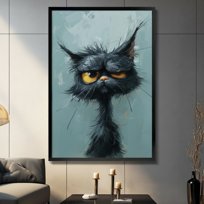 Grumpy Black Cat Portrait Canvas Wall Art