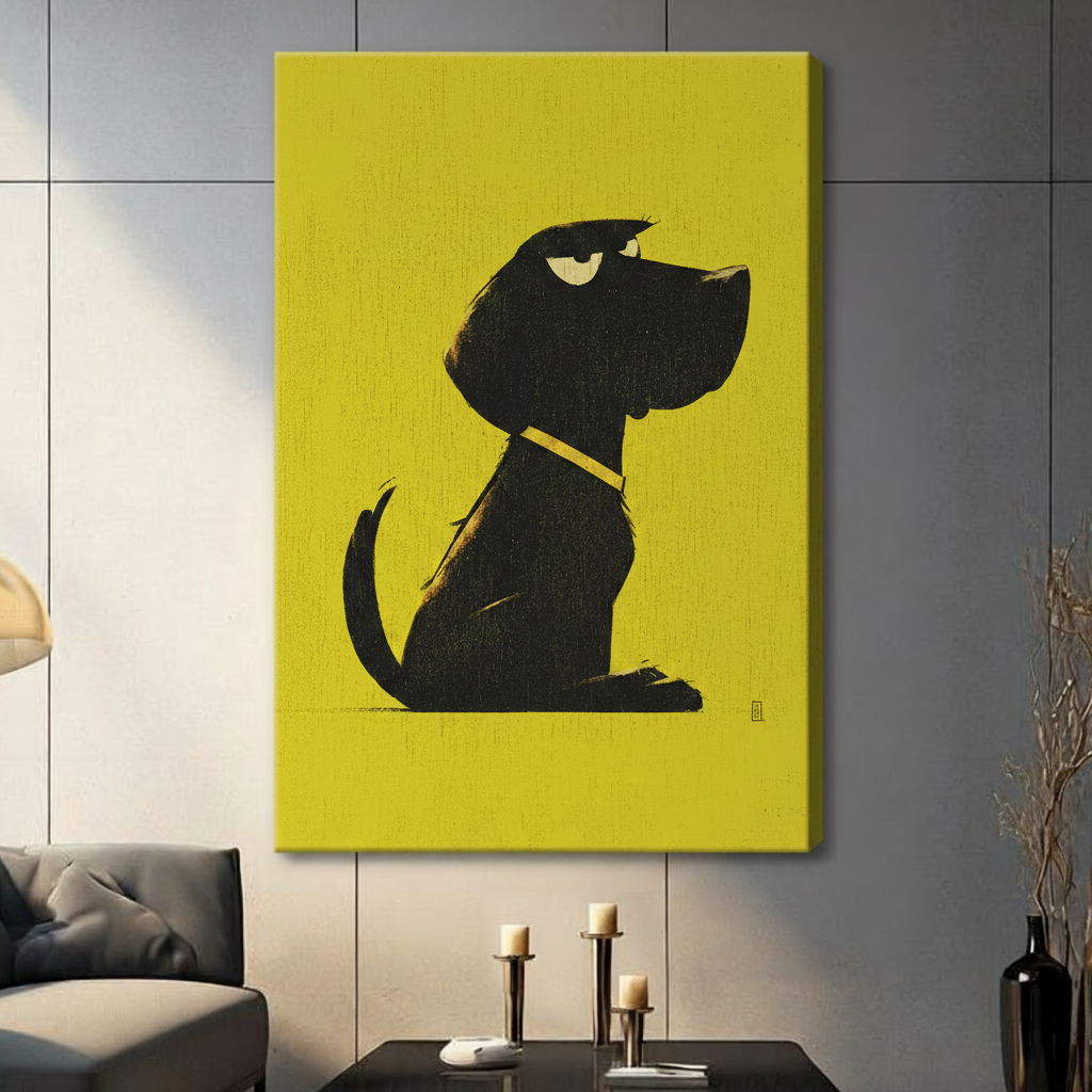 Grumpy Black Dog Yellow Pop Art Canvas Wall Art