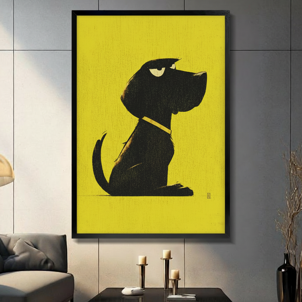 Grumpy Black Dog Yellow Pop Art Canvas Wall Art