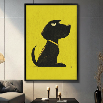 Grumpy Black Dog Yellow Pop Art Canvas Wall Art