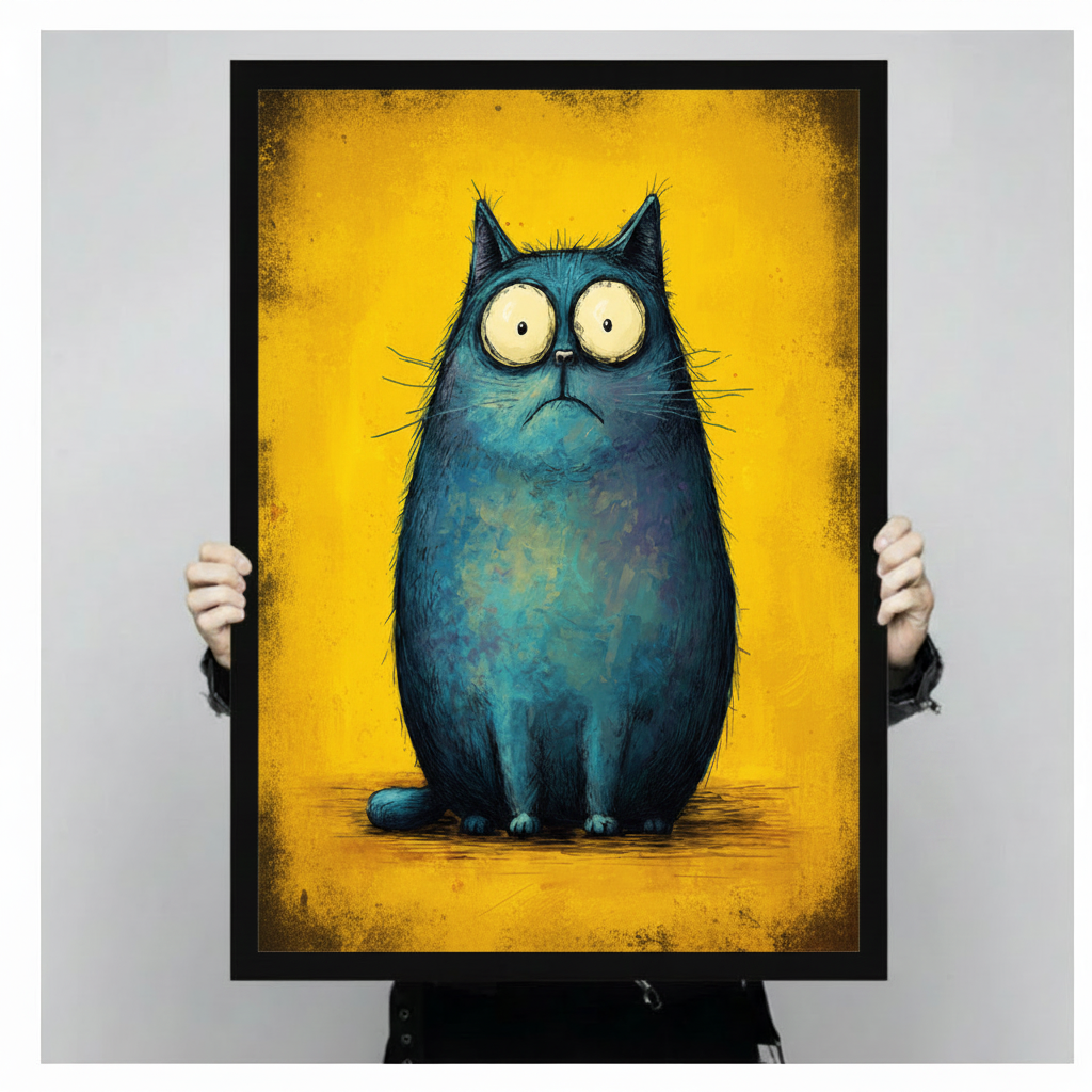 Grumpy Blue Cat Yellow Canvas Wall Art Print
