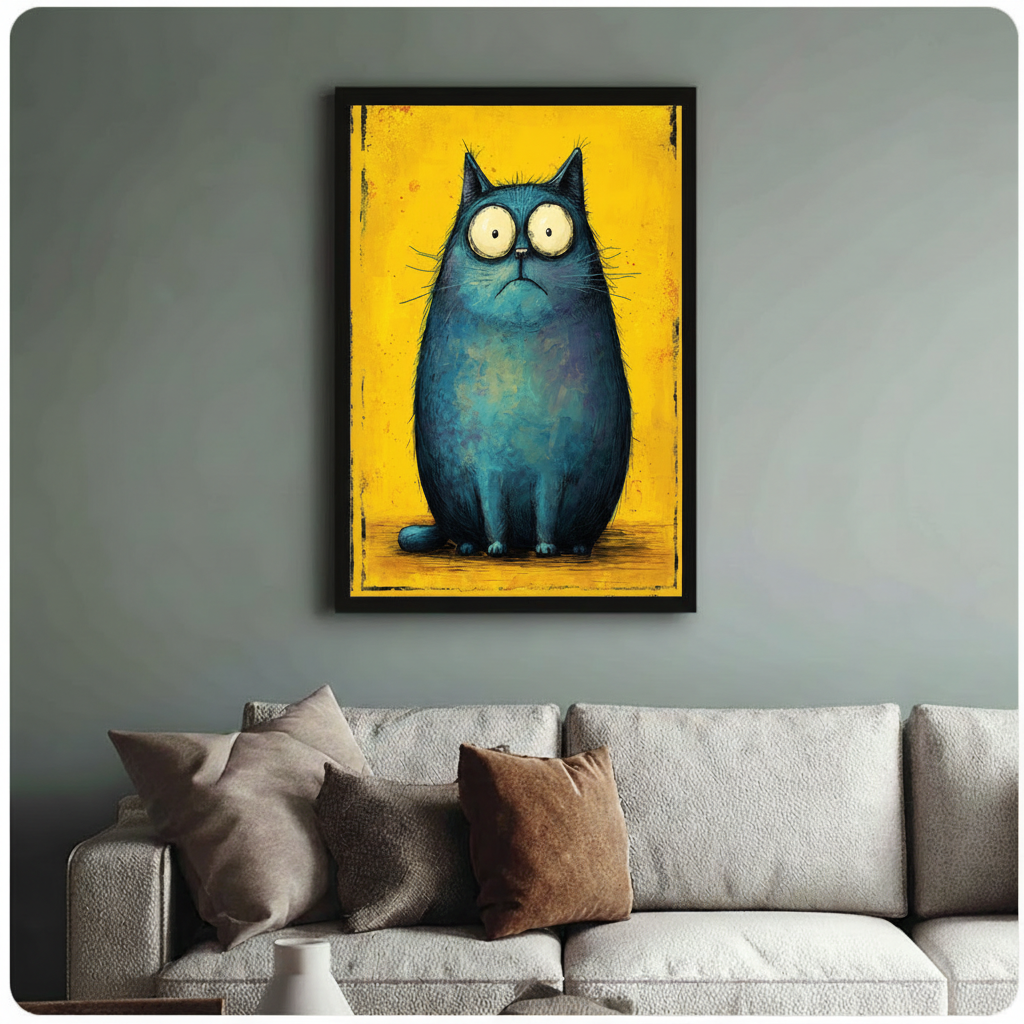Grumpy Blue Cat Yellow Canvas Wall Art Print