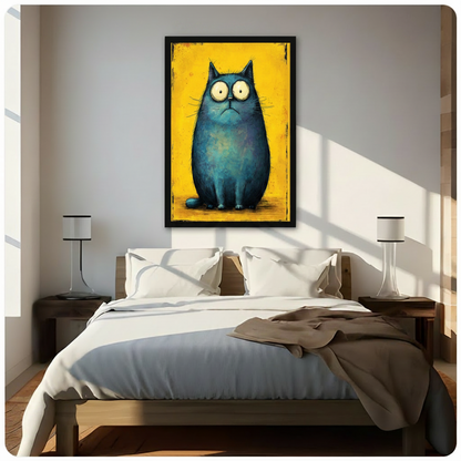Grumpy Blue Cat Yellow Canvas Wall Art Print