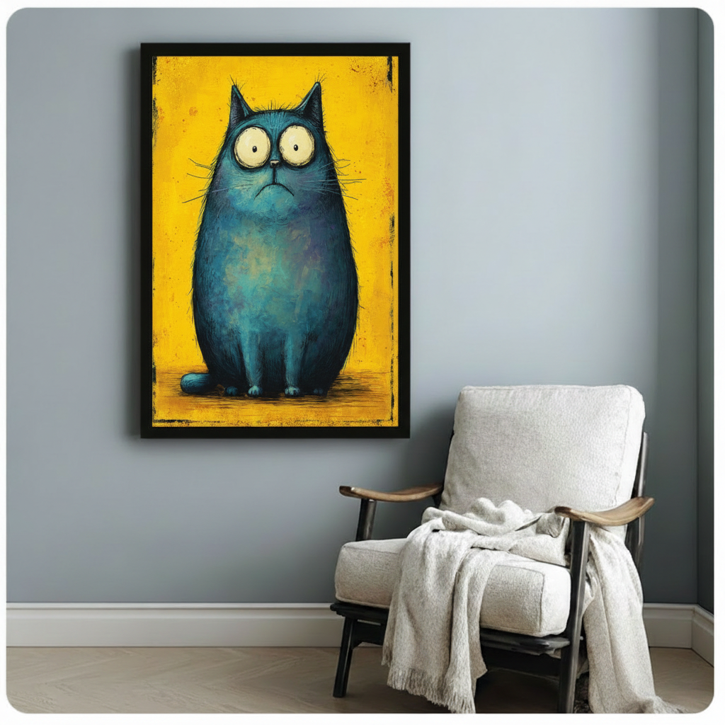Grumpy Blue Cat Yellow Canvas Wall Art Print