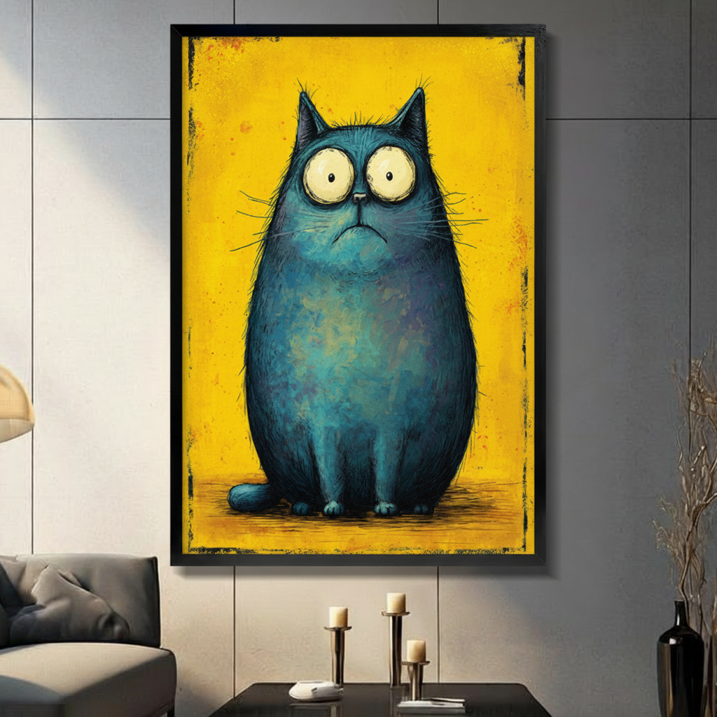 Grumpy Blue Cat Yellow Canvas Wall Art Print