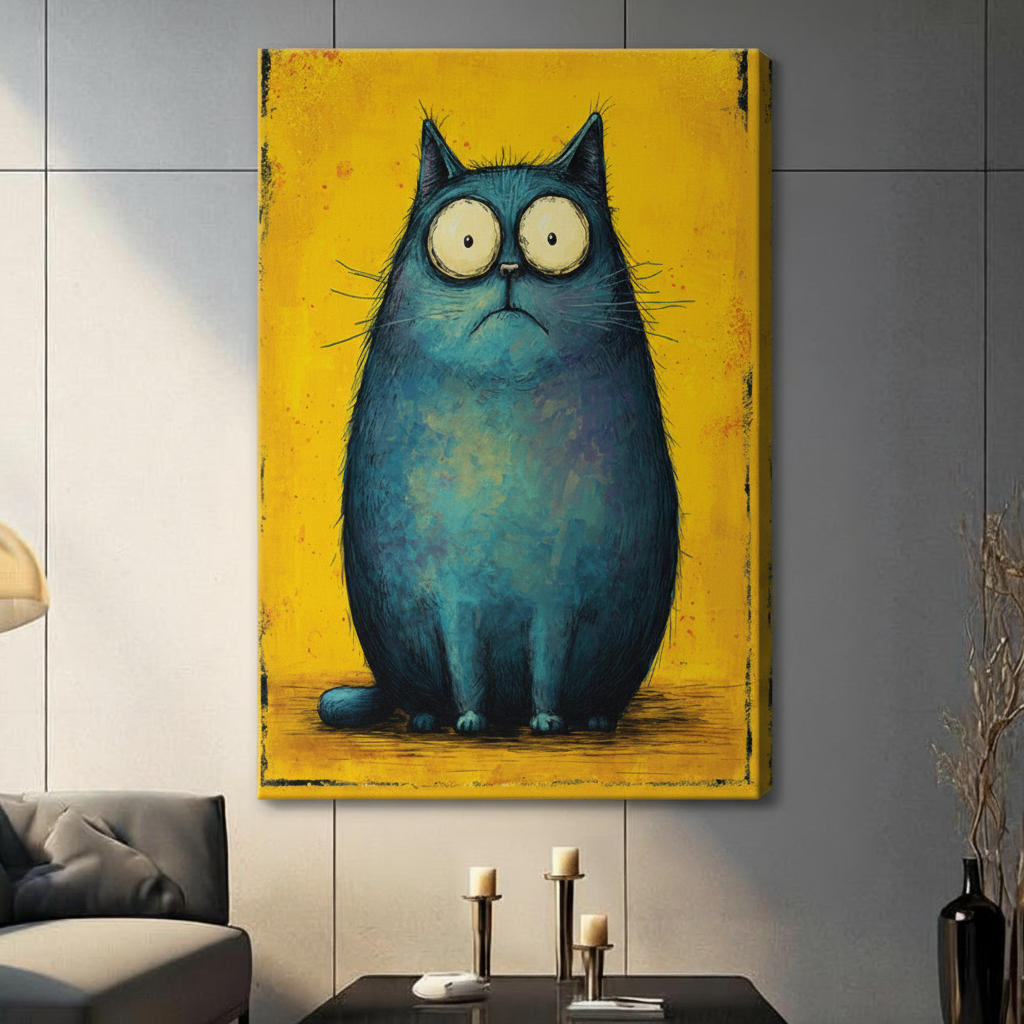 Grumpy Blue Cat Yellow Canvas Wall Art Print
