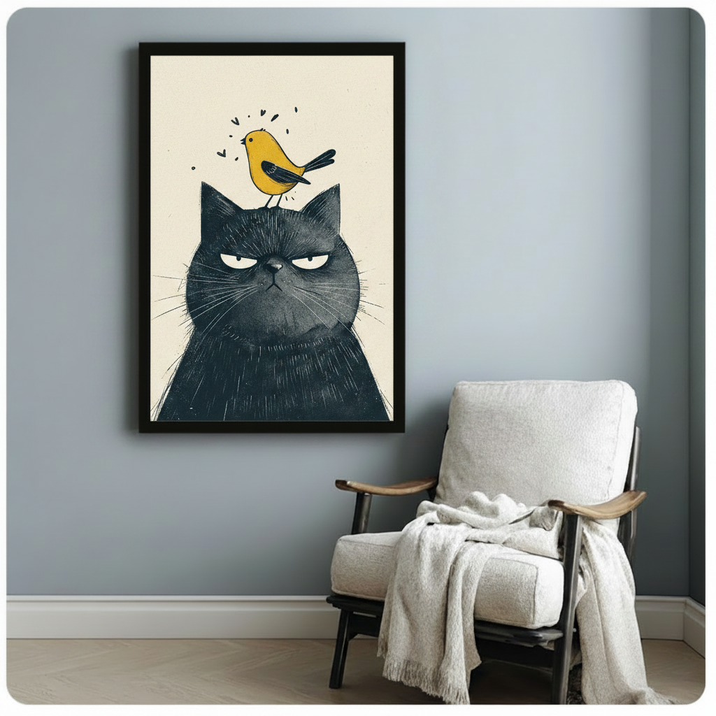 Grumpy Black Cat Yellow Bird Canvas Art Wall Art