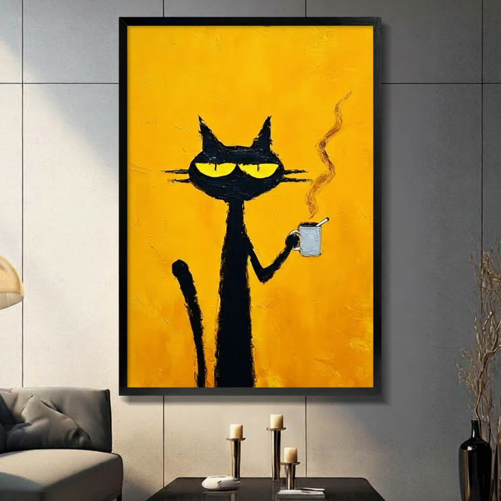 Black Cat Yellow Eyes Coffee Canvas Art Wall Art
