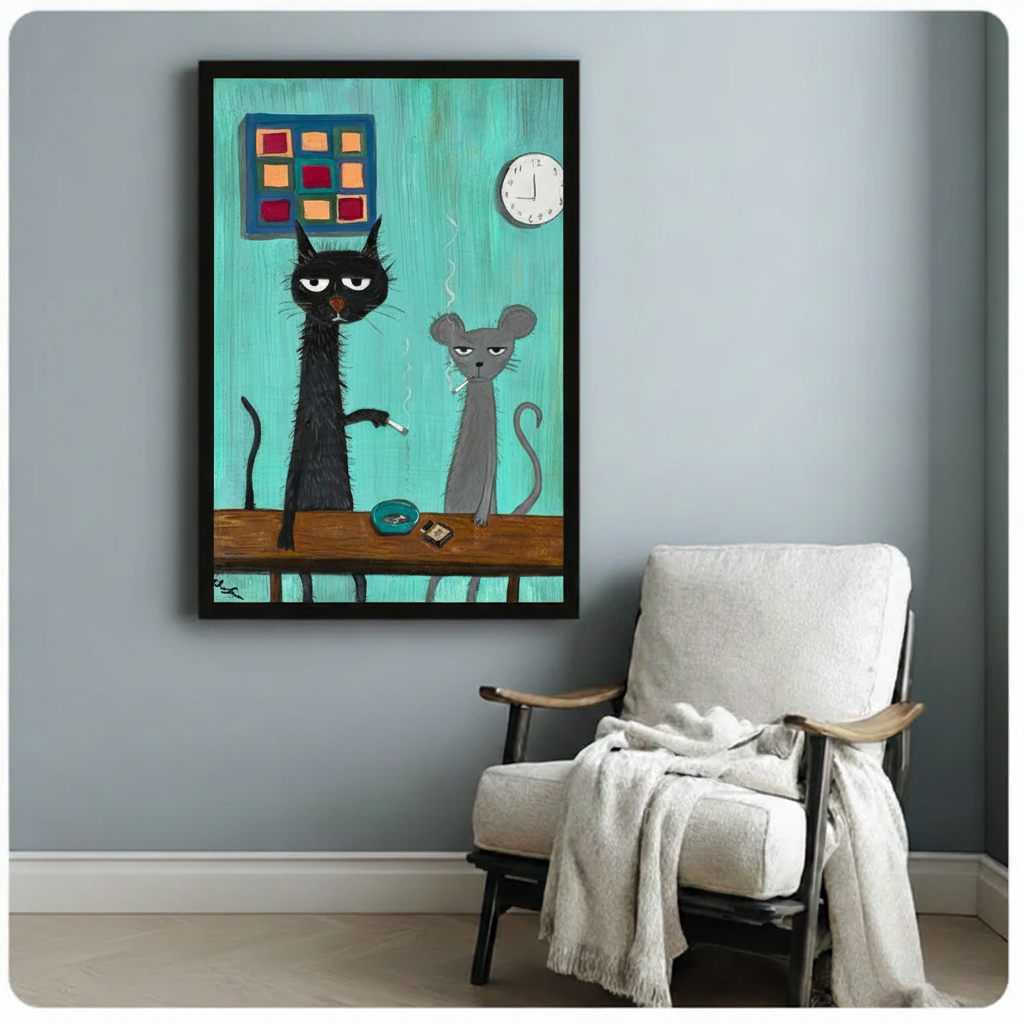 Grumpy Cat Mouse Smoking Funny Canvas Wall Art