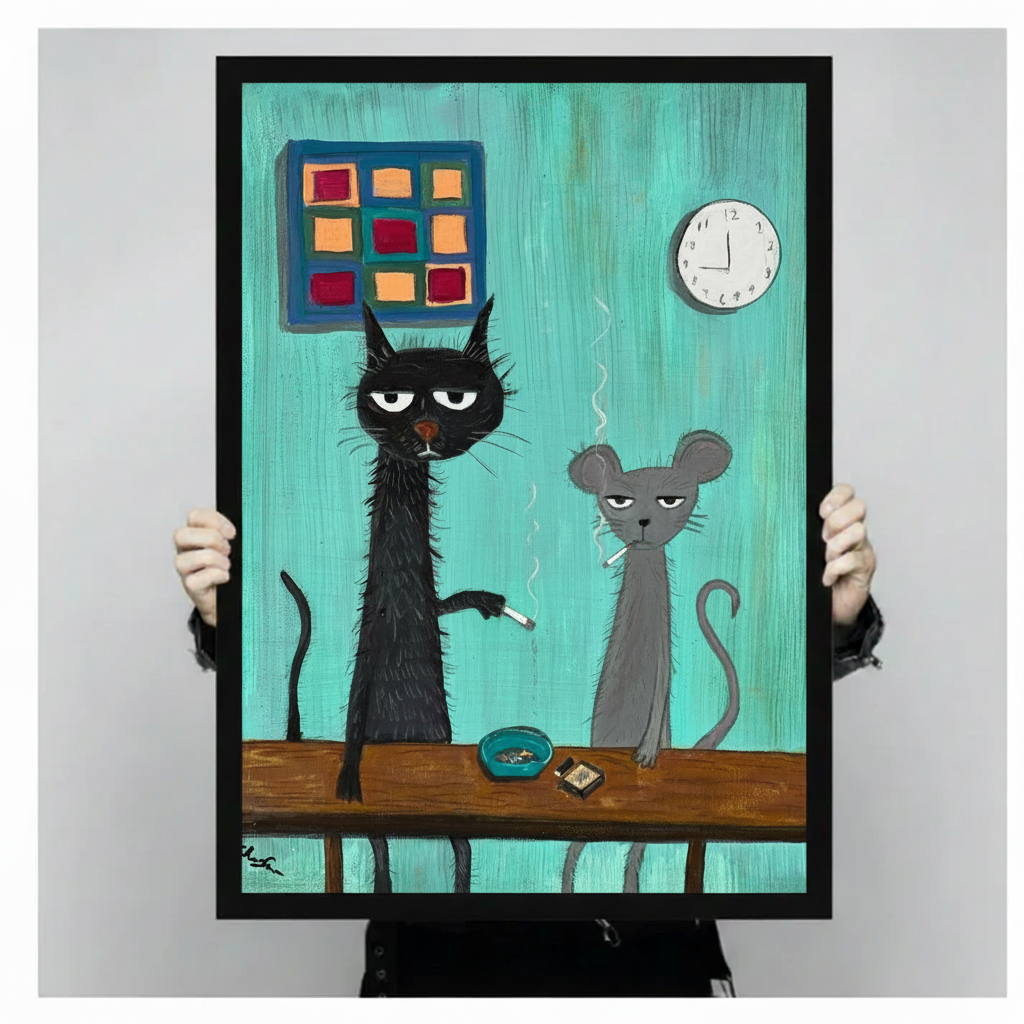 Grumpy Cat Mouse Smoking Funny Canvas Wall Art