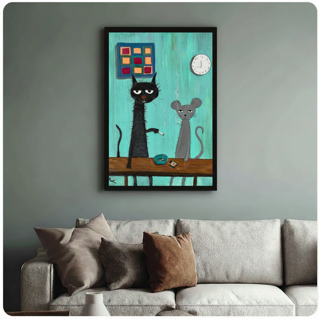 Grumpy Cat Mouse Smoking Funny Canvas Wall Art