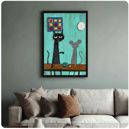 Grumpy Cat Mouse Smoking Funny Canvas Wall Art