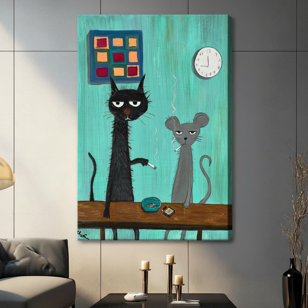 Grumpy Cat Mouse Smoking Funny Canvas Wall Art