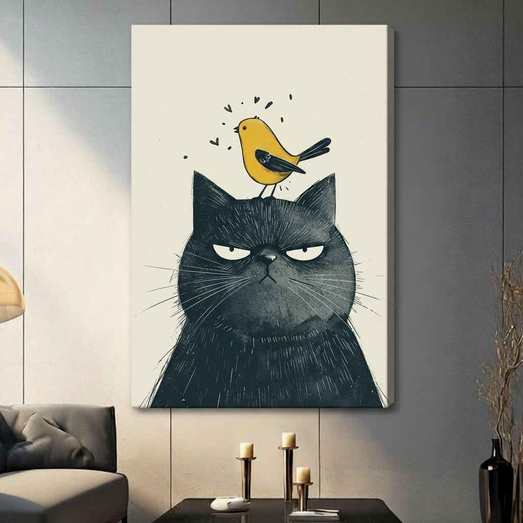 Grumpy Black Cat Yellow Bird Canvas Art Wall Art