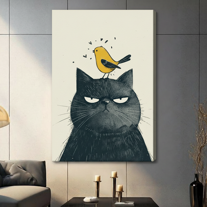 Grumpy Black Cat Yellow Bird Canvas Art Wall Art