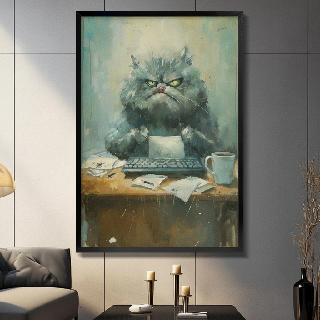 Grumpy Office Cat Watercolor Canvas Wall Art