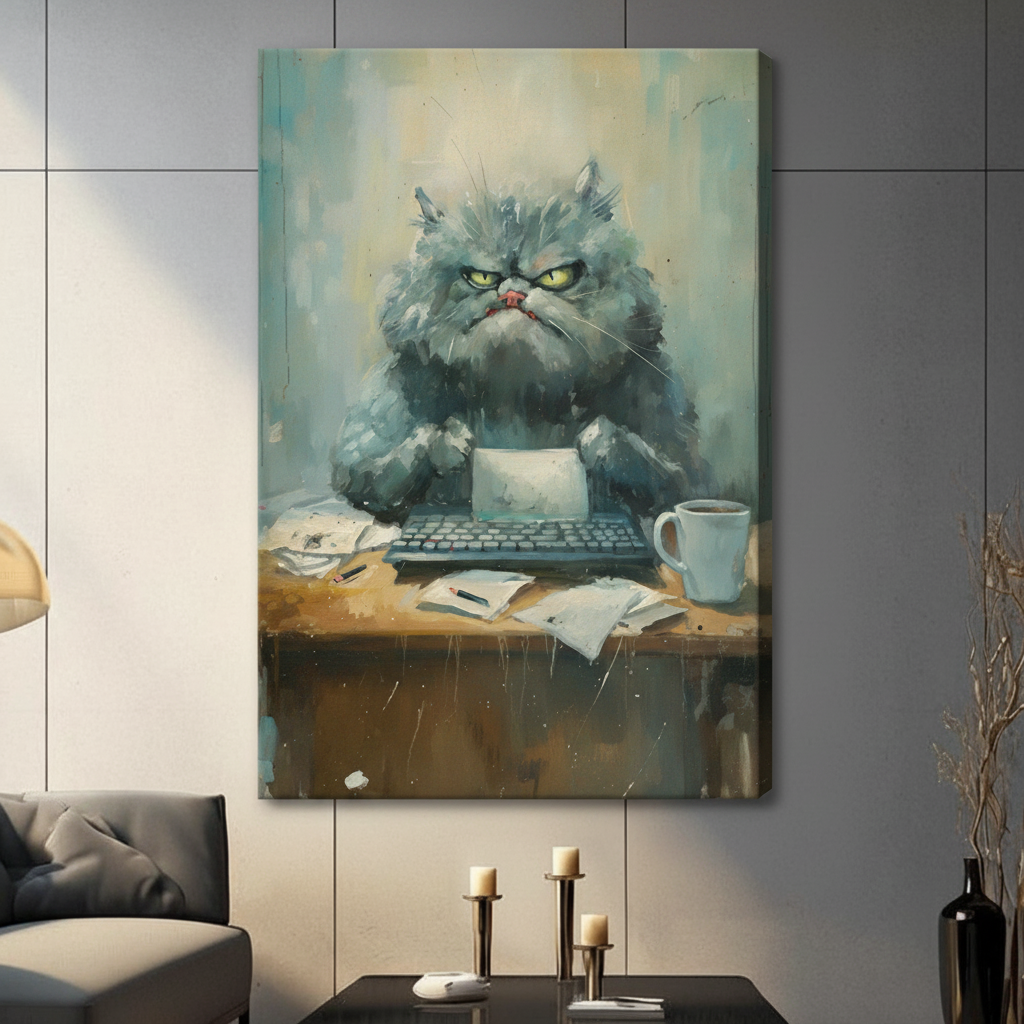 Grumpy Office Cat Watercolor Canvas Wall Art