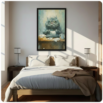 Grumpy Office Cat Watercolor Canvas Wall Art