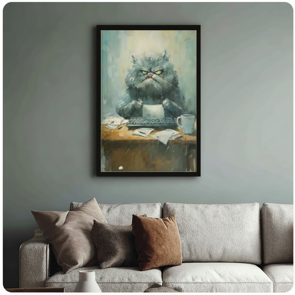 Grumpy Office Cat Watercolor Canvas Wall Art