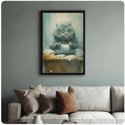 Grumpy Office Cat Watercolor Canvas Wall Art
