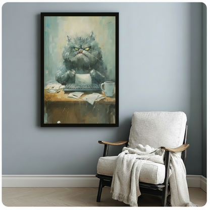 Grumpy Office Cat Watercolor Canvas Wall Art
