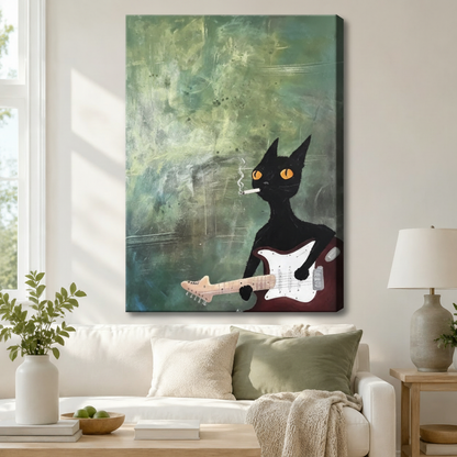 Rock Cat Guitar Vintage Green Canvas Wall Art