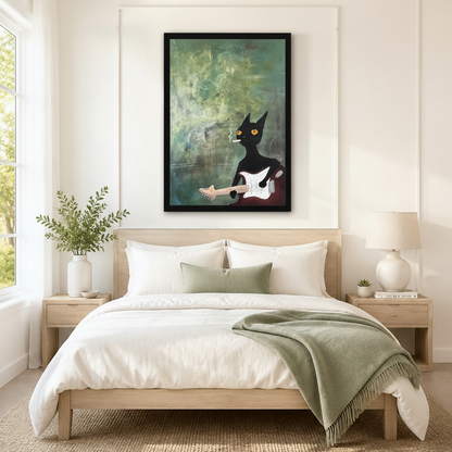 Rock Cat Guitar Vintage Green Canvas Wall Art