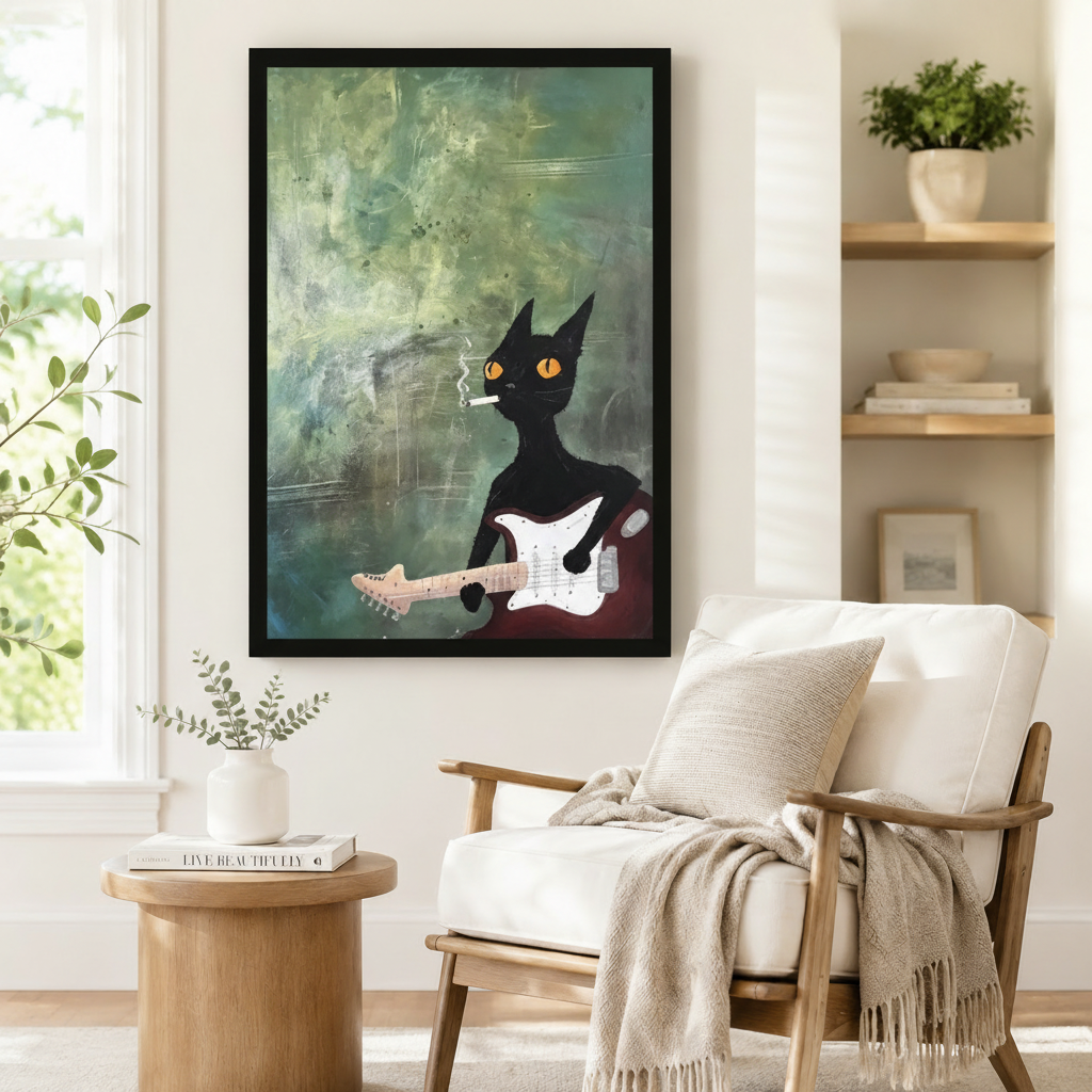 Rock Cat Guitar Vintage Green Canvas Wall Art