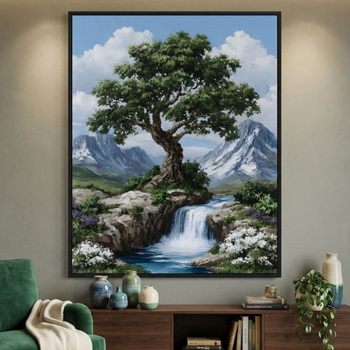 Majestic Tree Mountain Falls Canvas Wall Art