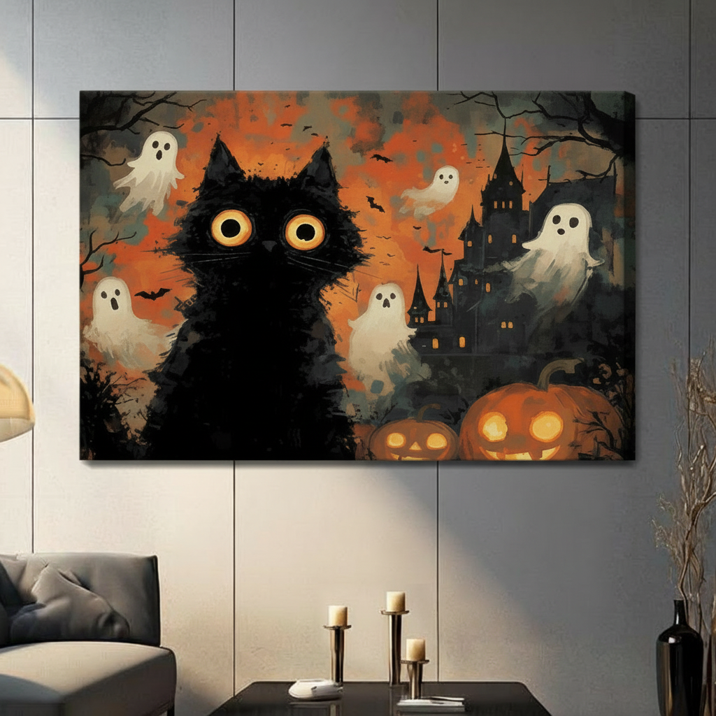 Halloween Black Cat Ghost Spooky Canvas Art Wall Art