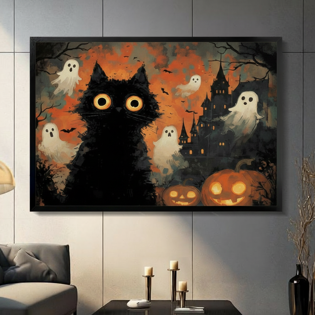 Halloween Black Cat Ghost Spooky Canvas Art Wall Art