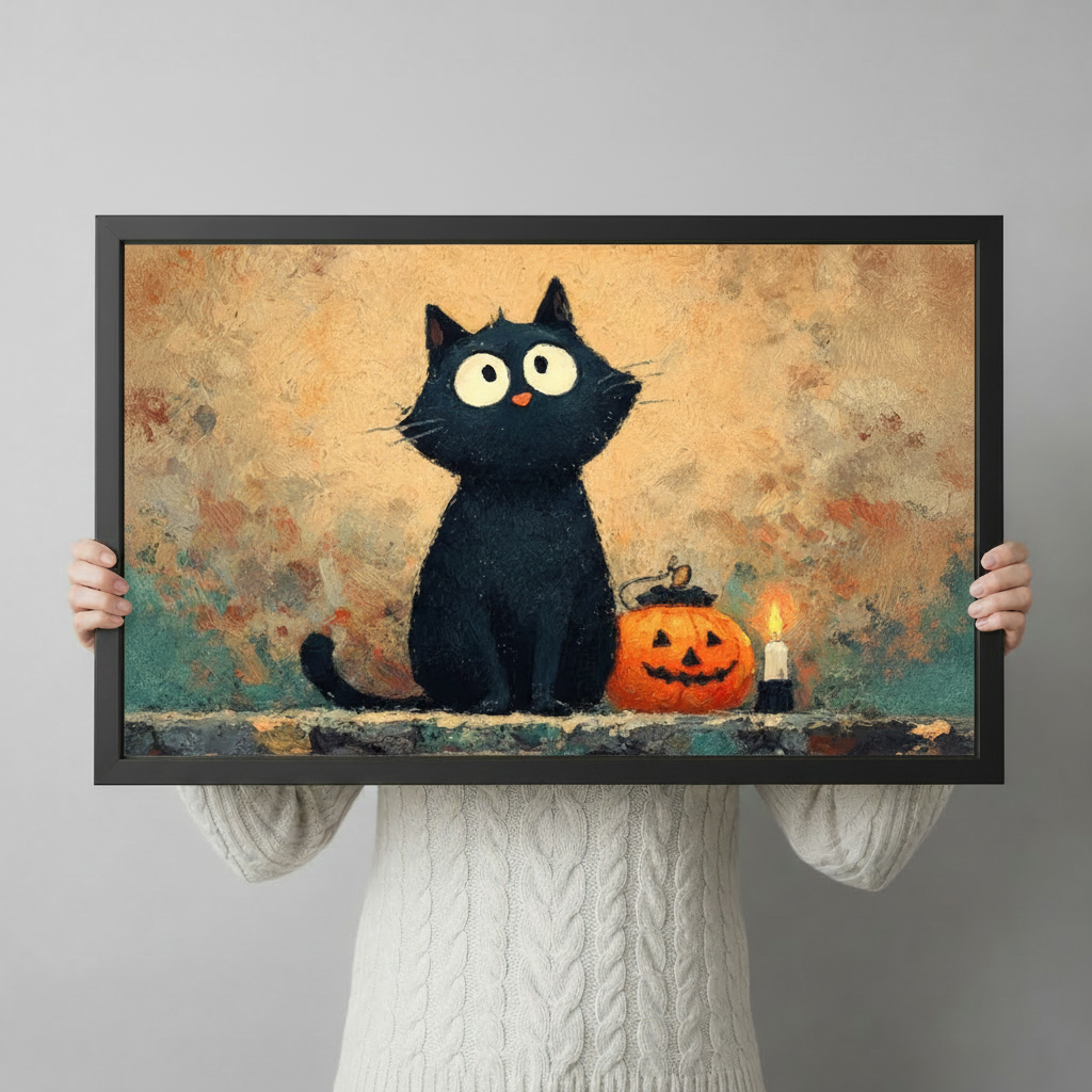 Halloween Black Cat Pumpkin Oil Painting Canvas Art