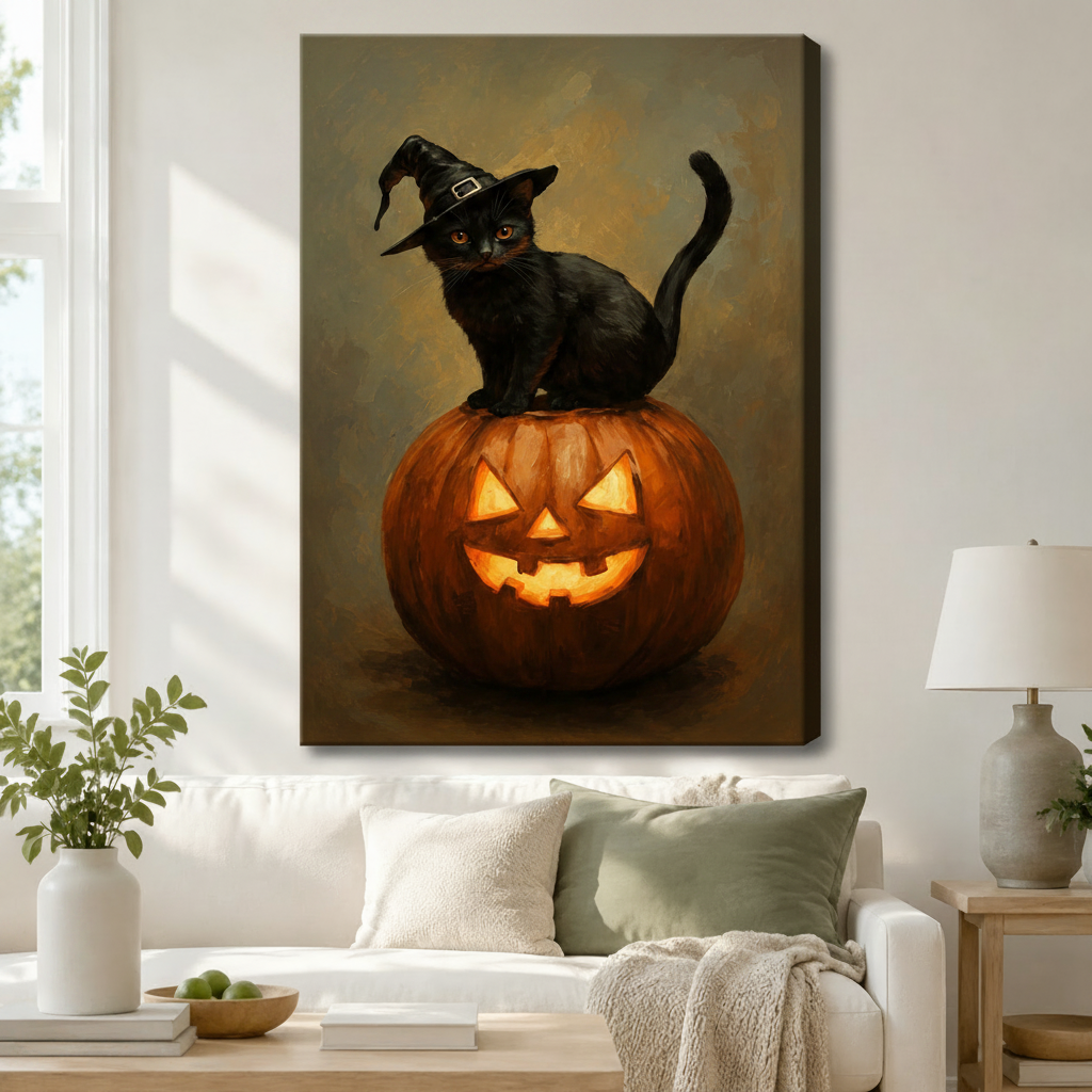 Halloween Black Cat Witch Canvas Wall Art